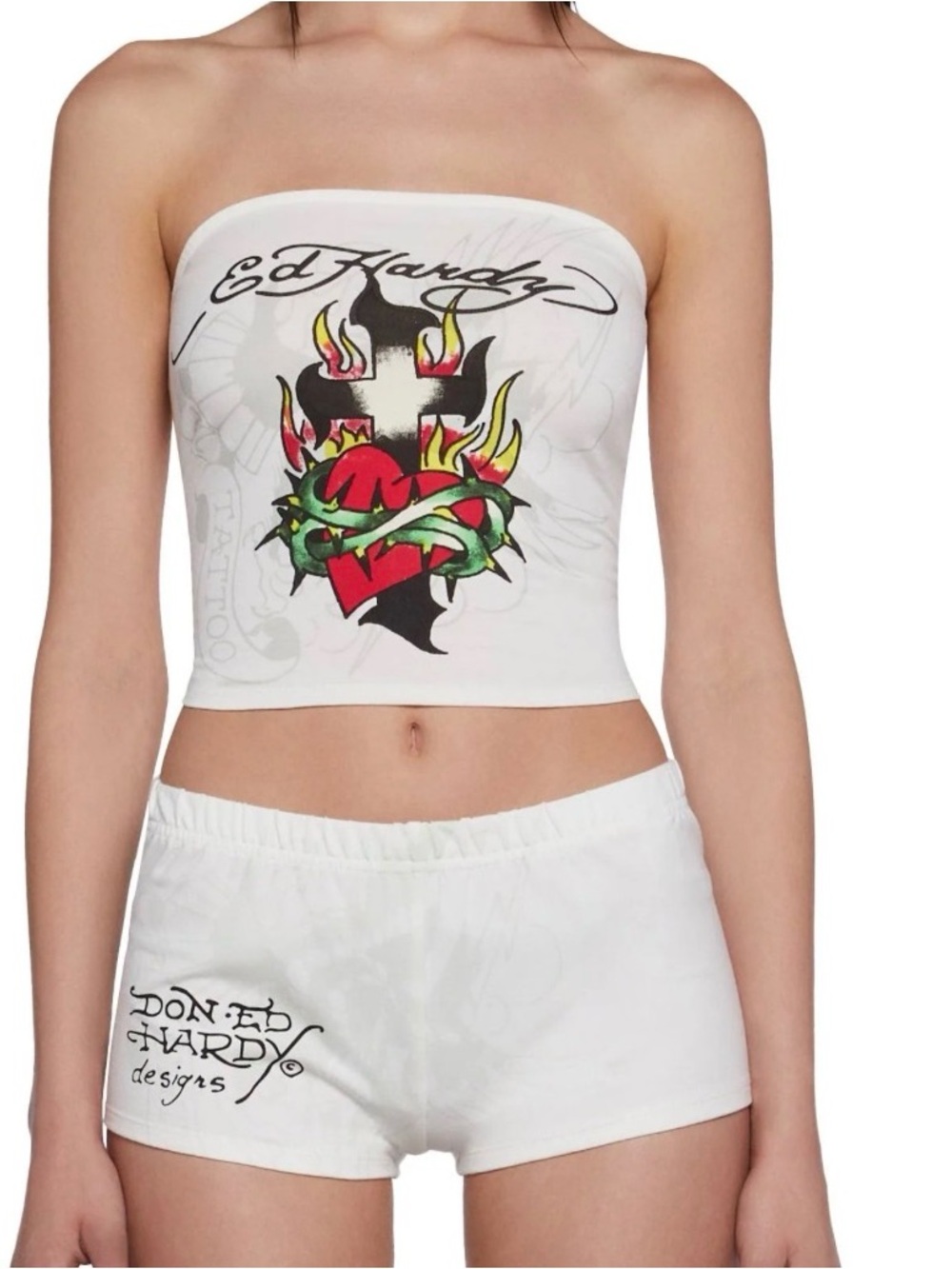 Ed Hardy White Medium Cross Heart Tube Top Y2K Revival Trashy Chic Tattoo Core